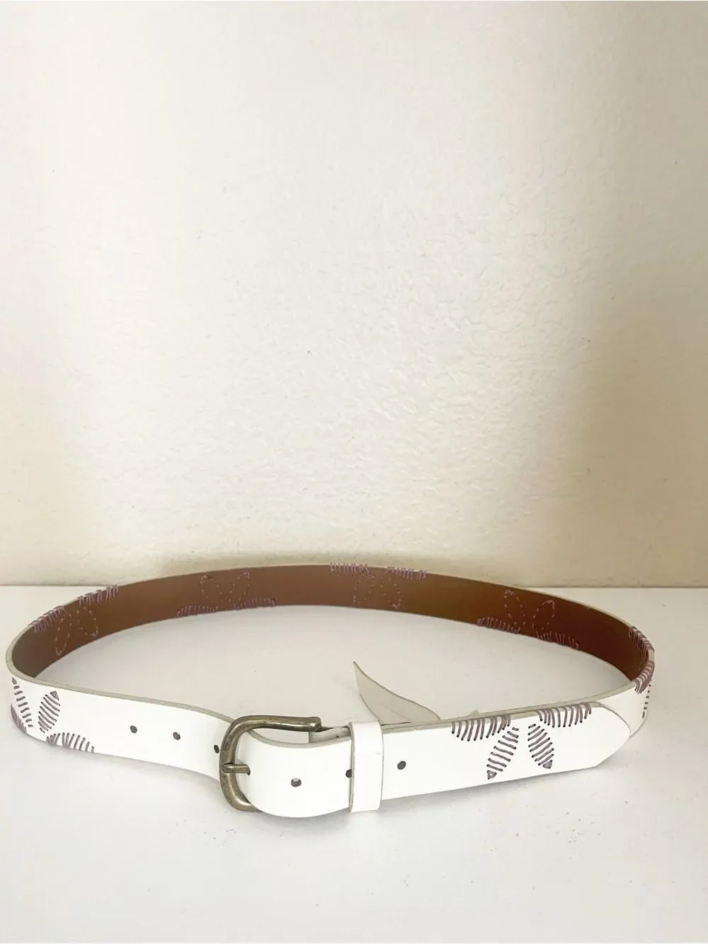 Free People Swift Haze floral Embroidered Belt white leather purple stitching